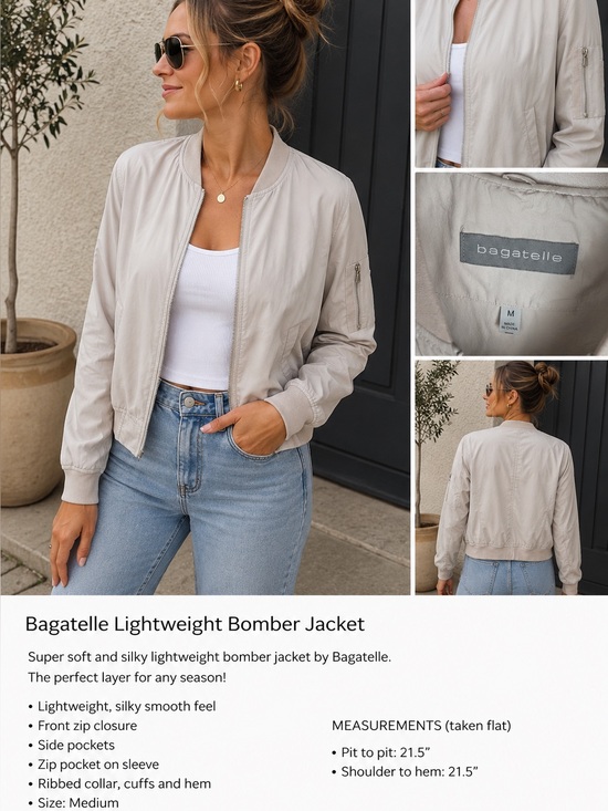 Bagatelle Jackets & Blazers - Bagatelle Lightweight Bomber Jacket Women’s Medium Beige Silky Zip Casual Coat